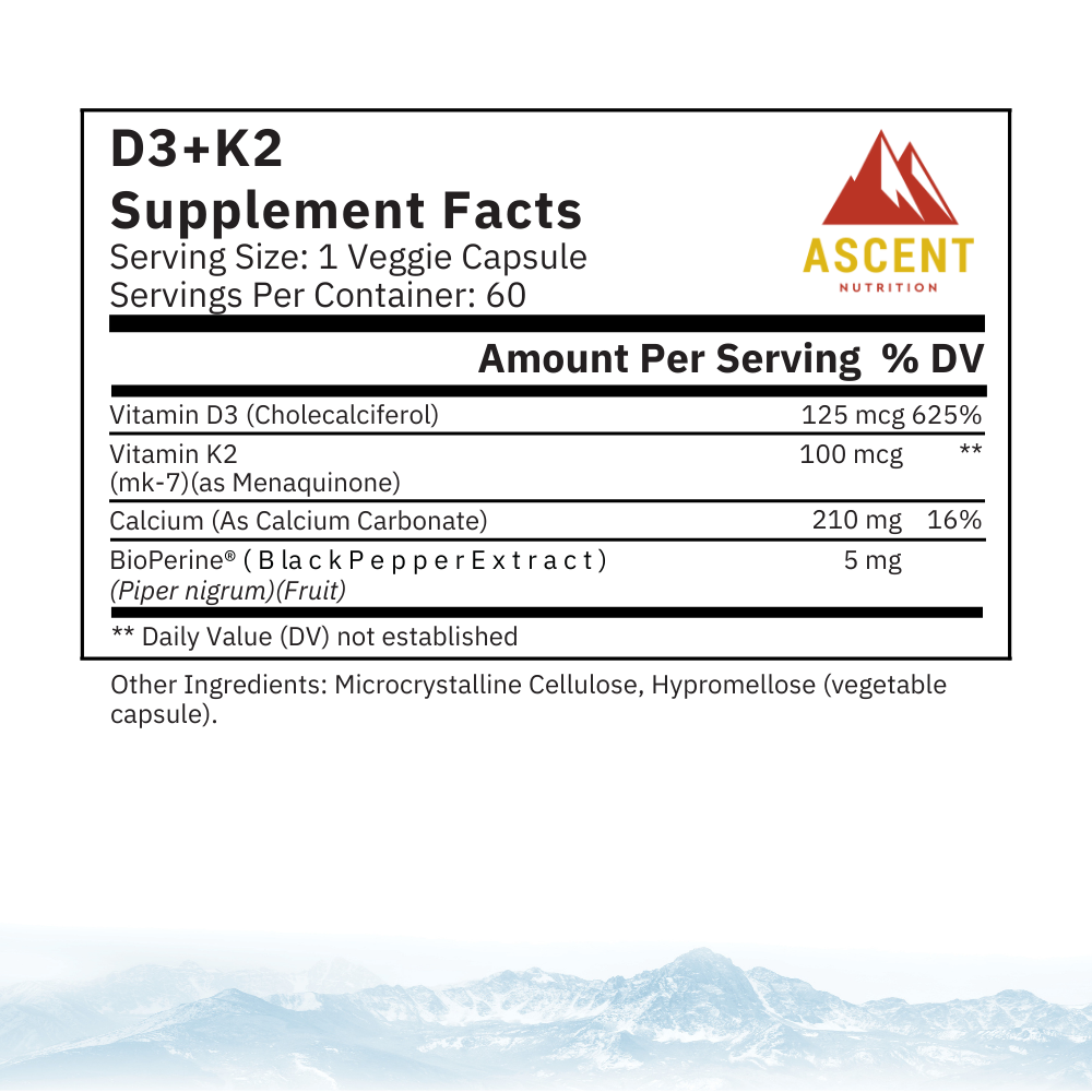 D3 + K2, 60 Capsules, 125 mcg D3 + 100 mcg K2