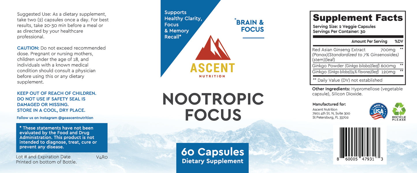 Nootropic Focus, 60 Capsules, 700 mg Ginseng + 600 mg Ginkgo