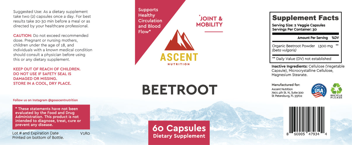 Organic Beetroot, 60 Capsules, 1300 mg each – Ascent Nutrition