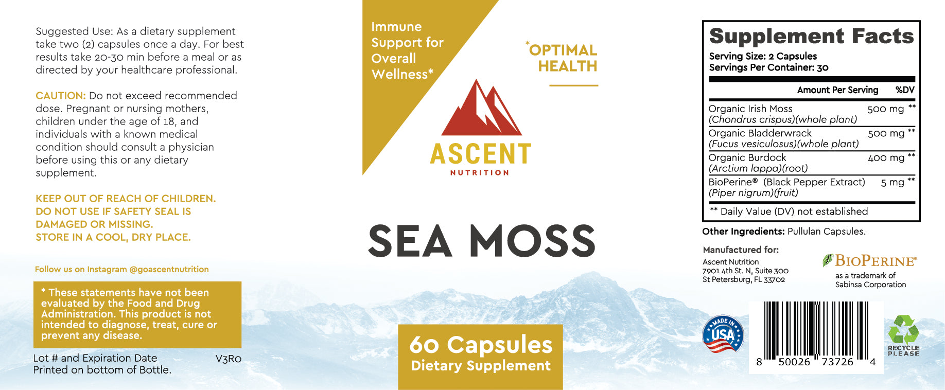 Organic Sea Moss 60 Capsules 700 mg each Ascent Nutrition