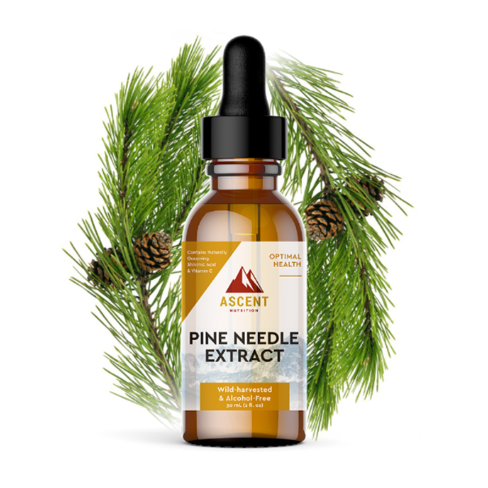 Pine Needle Extract contains Wild-harvested pine needles containing potent free-radical scavengers, essential oils, vitamin C, and naturally occurring shikimic acid.  Organic vegetable glycerin.