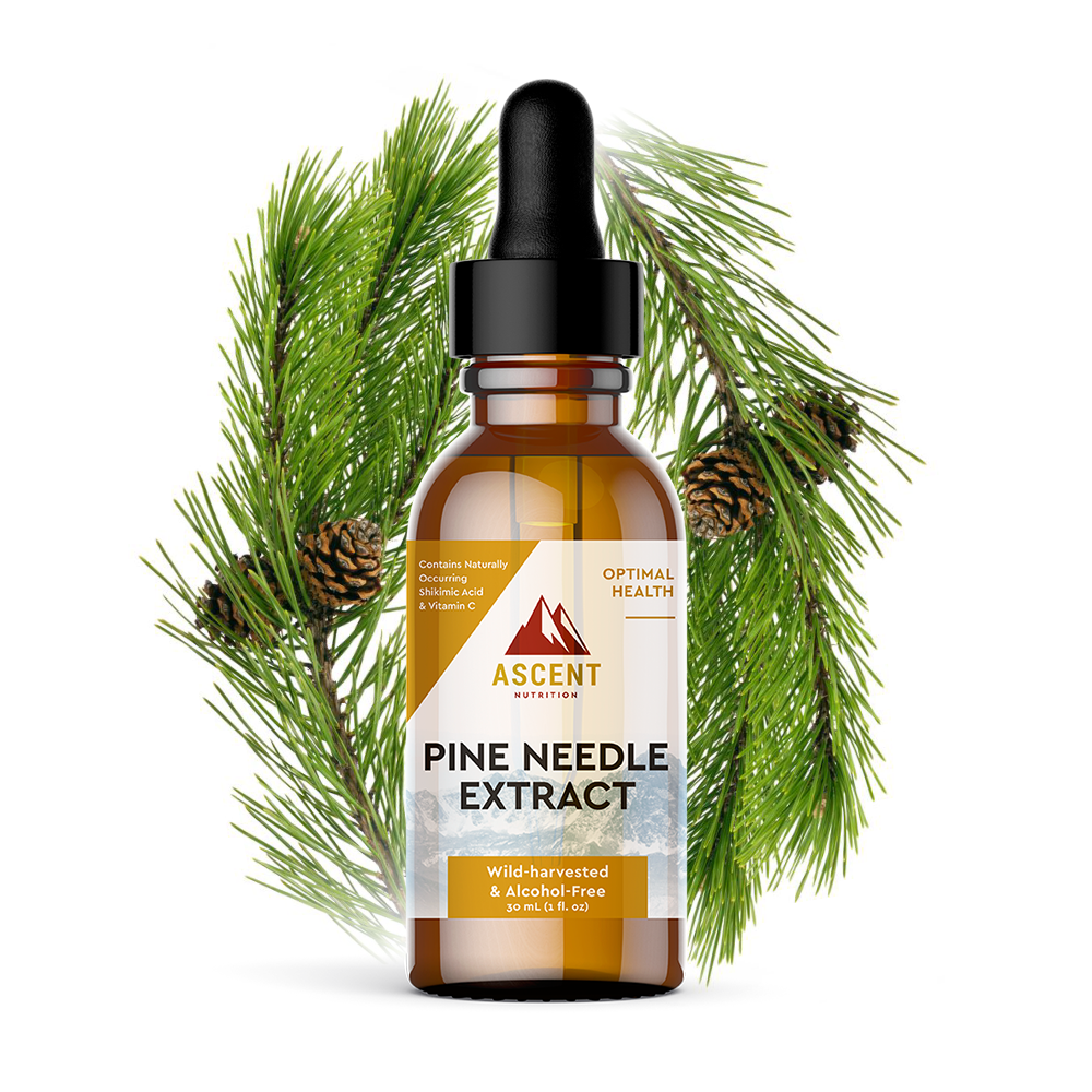 Pine Needle Extract contains Wild-harvested pine needles containing potent free-radical scavengers, essential oils, vitamin C, and naturally occurring shikimic acid.  Organic vegetable glycerin.